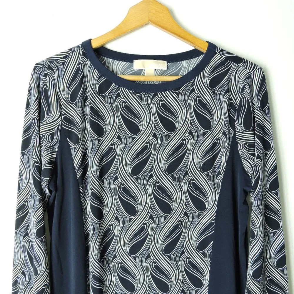 Michael Kors long sleeve dress stretchy illusion slimming silhouette print Sz L
